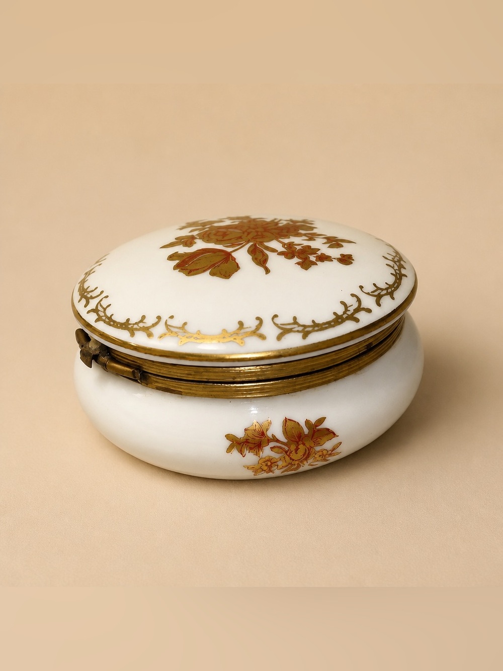 Cream and Gold Floral Decorative Trinket  Hinged Round Box Marked D58